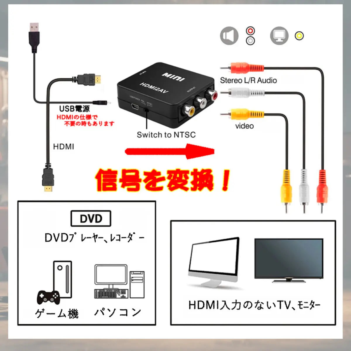 hdmiからrca 変換 HDMI-AVI変換器 rca コンポジット HDMI 映像・音声に対応 ビデオテープ 爆買