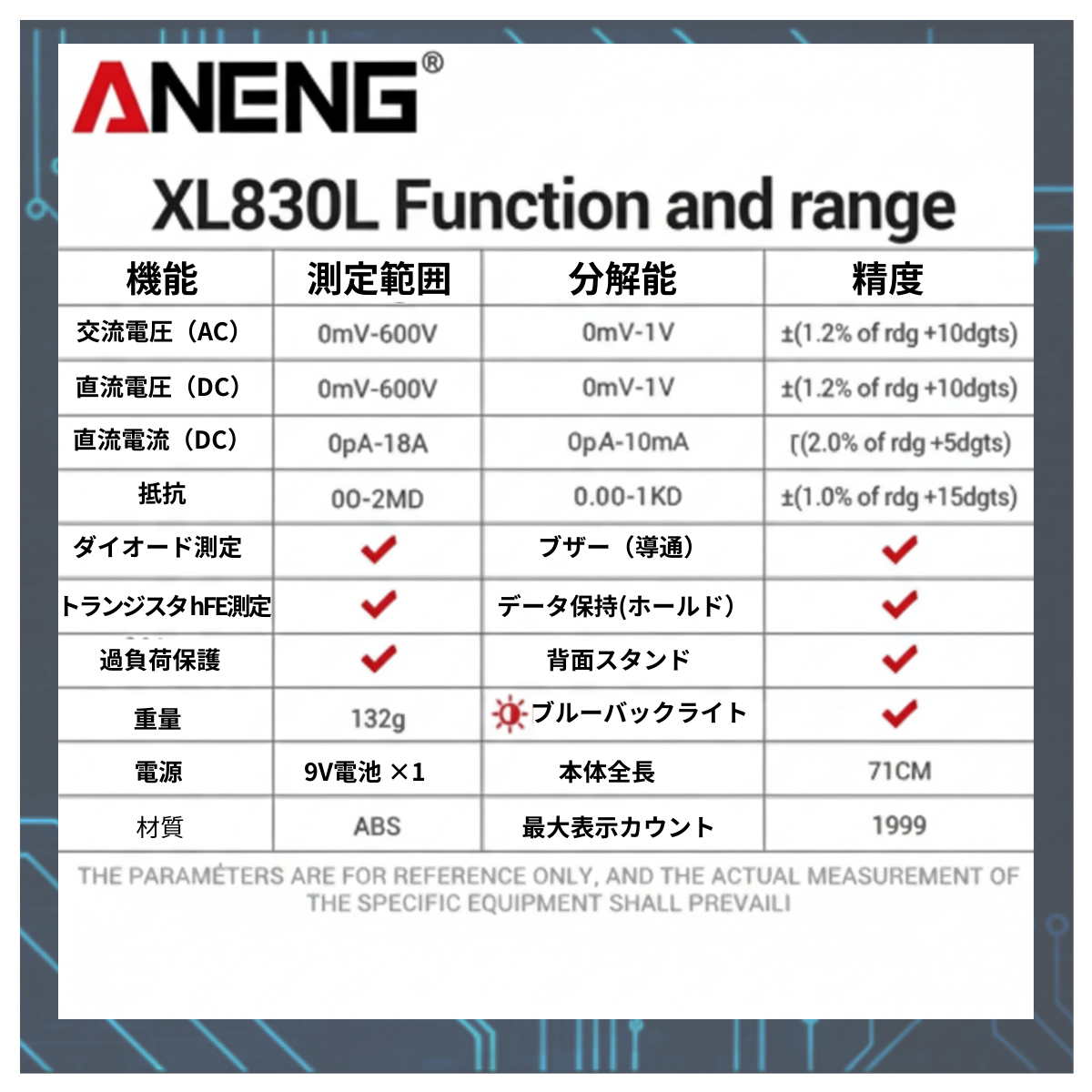 ANENG XL830L デジタルテスター 初心者向け AC/DC測定 電圧 電流 抵抗 導通 ブザー バックライト