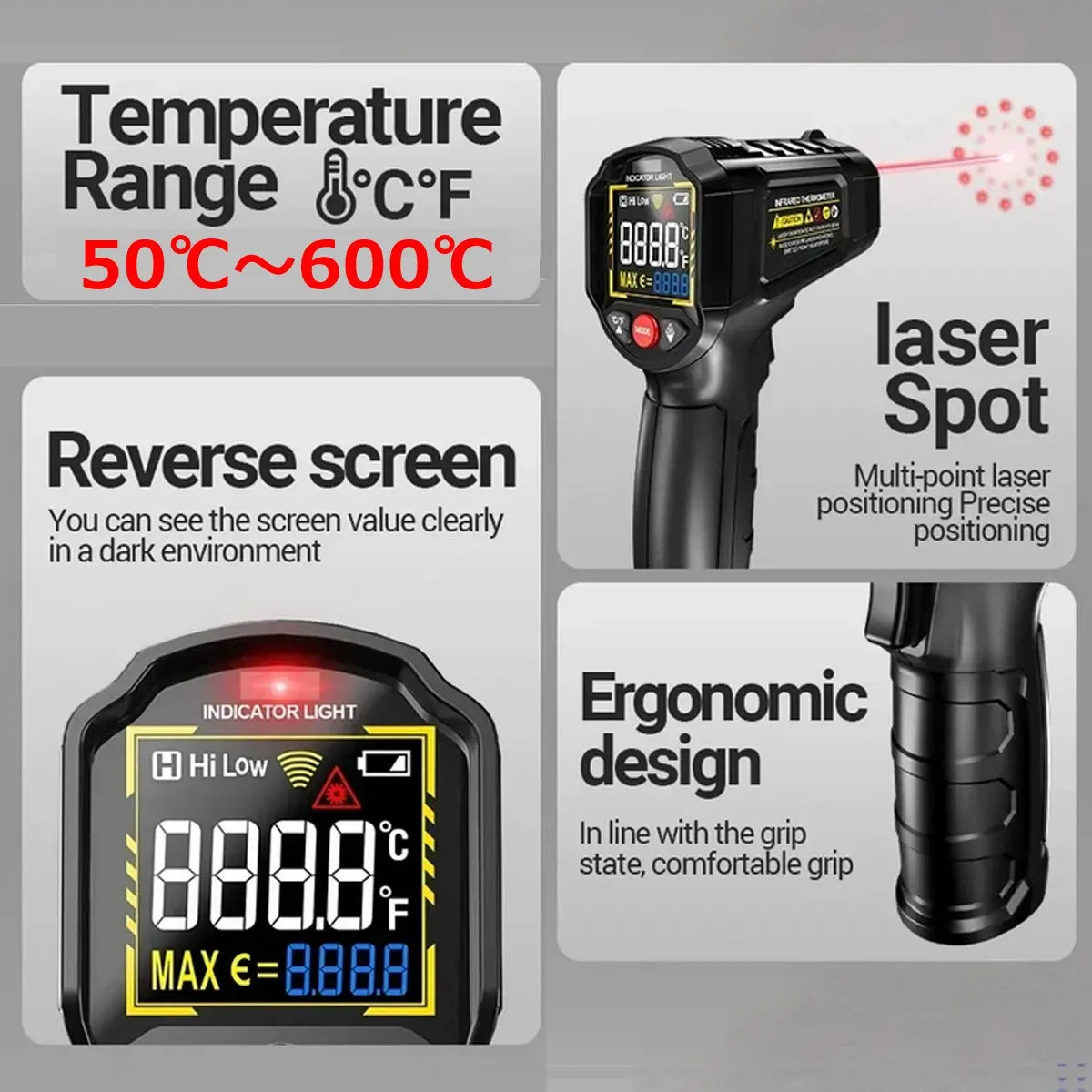 ANENG TH203 非接触温度計 -50℃～600℃ 高精度 瞬時測定 デジタル 赤外線温度計 放射温度計 料理 工業用 車整備 爆買