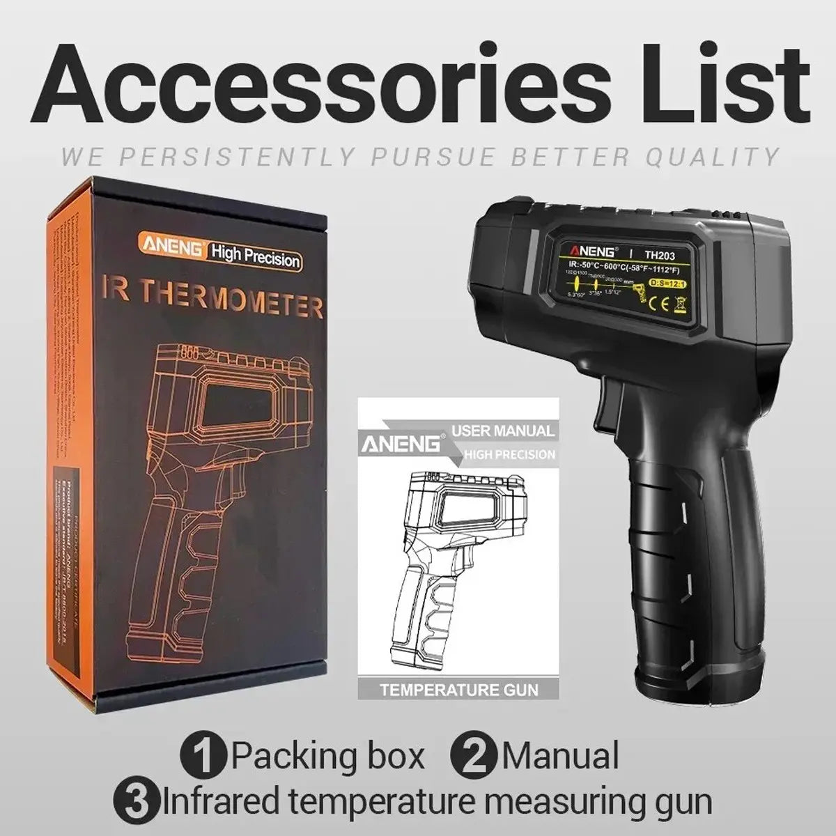 ANENG TH203 非接触温度計 -50℃～600℃ 高精度 瞬時測定 デジタル 赤外線温度計 放射温度計 料理 工業用 車整備 爆買
